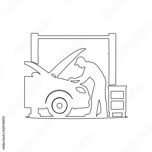 mechanic working on car outline on white background auto repair garage scene