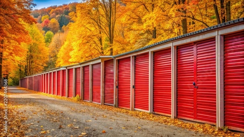 Rows of worn crimson storage units stand sentinel amidst golden foliage in autumns fleeting fiery majesty