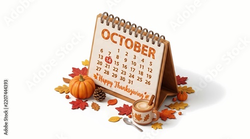 3D Rendered October Calendar with Thanksgiving Greetings and Autumn Harvest