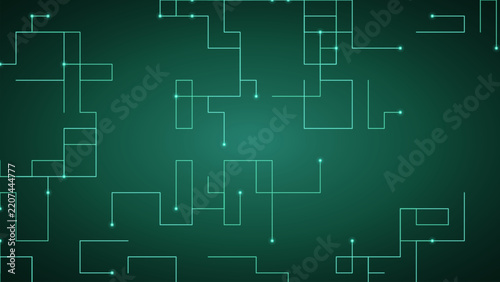 Abstract digital technology background with glowing green circuit board lines and nodes