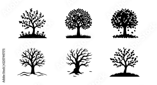 Diverse Tree Silhouettes: Seasonal & Stylized Vector Icons for Nature and Growth Concepts