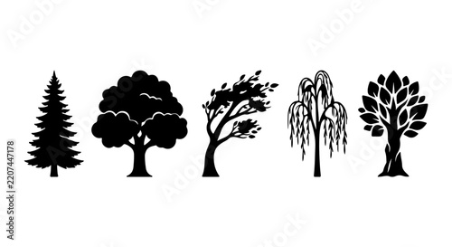 Diverse Tree Silhouettes Collection, Nature Elements, Forest Graphics, Vector Art