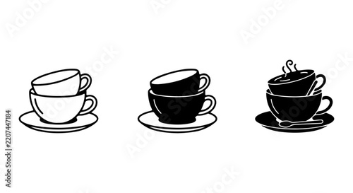 Coffee Cup Icons, Stacked Ceramic Mug Illustrations, Hot Beverage Set Vector Graphics