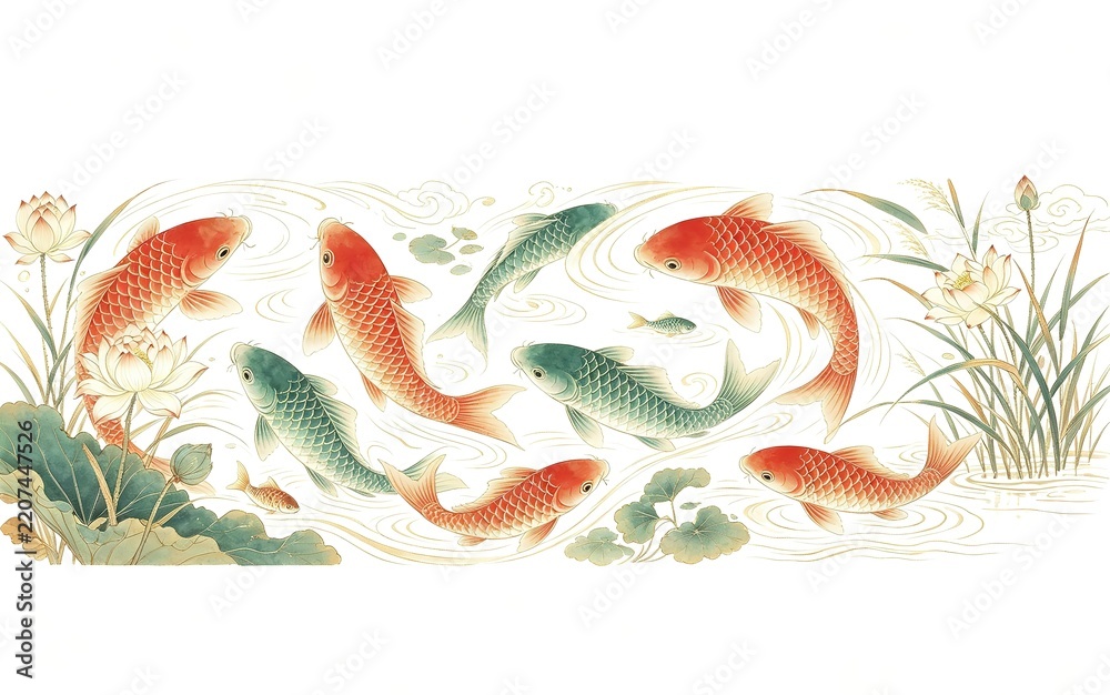 Fototapeta premium Traditional Chinese Painting Of Koi Fish Swimming Among Lotus Leaves With Red Green Koi And Golden Ripples