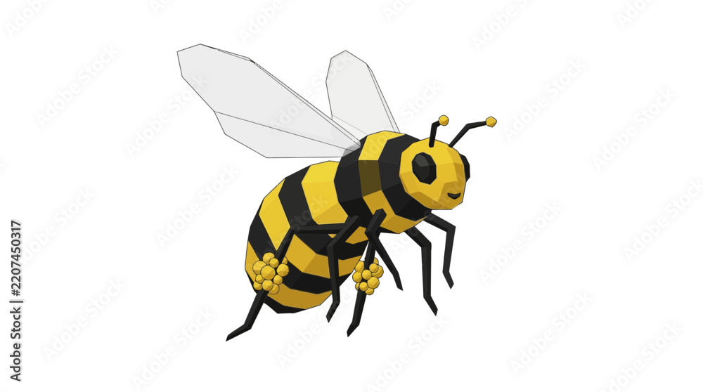 Fototapeta premium Low Poly Geometric Bee Insect Flying Isolated on Transparent Background, Cute Cartoon Style