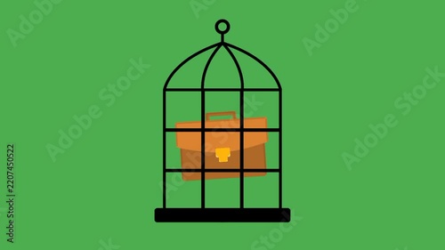 A briefcase locked inside a birdcage symbolizing career stagnation, limited opportunities, professional barriers, and lack of progress.