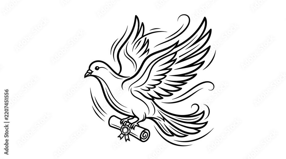 Fototapeta premium Dove carrying scroll, isolated graphic art