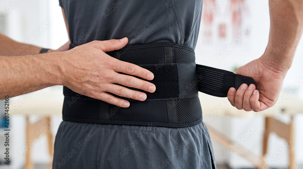 Fototapeta premium Close up of person tightening adjustable lumbar brace straps for spine protection and relief from chronic lower back muscle pain.