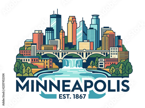 Minneapolis travel emblem vector: colorful cityscape illustration featuring a bridge, waterfall, and modern urban architecture.