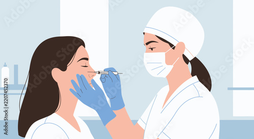 Cosmetic surgery: doctor performs nose job on woman, illustration, isolated