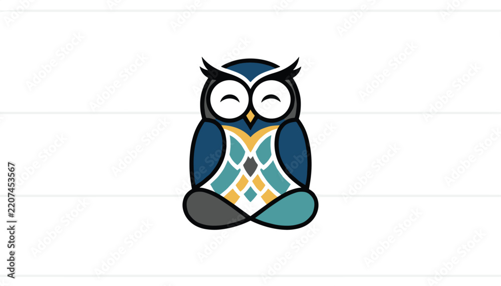 Fototapeta premium Stylized geometric cartoon owl meditating with closed eyes in a peaceful zen pose on a clean background.
