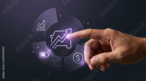 Businessman touching virtual interface with car growth arrow icon, representing automotive market trends, electric vehicle sales, and future industry profit.