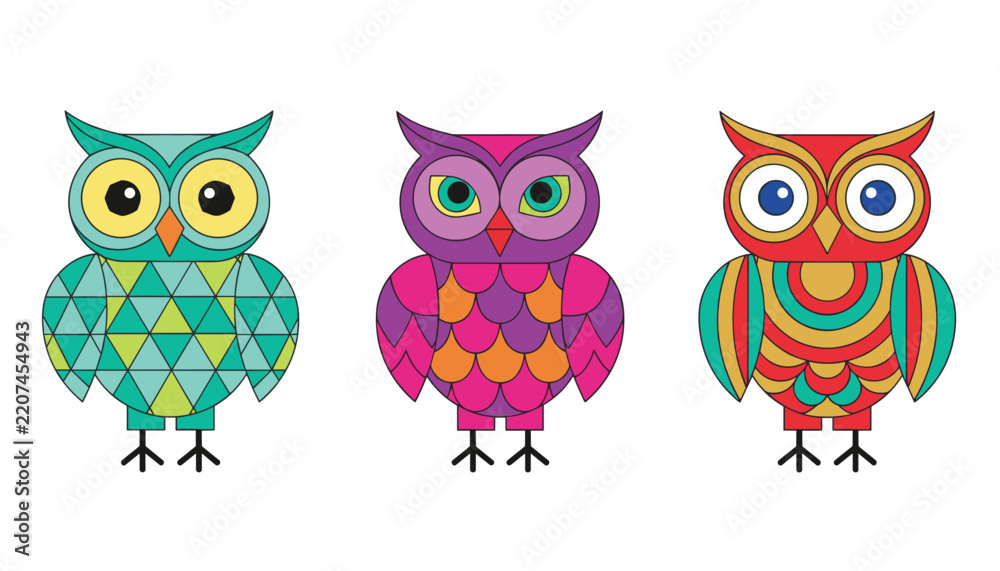 Fototapeta premium Three cute cartoon owls with vibrant geometric patterns in green, purple, and red colors standing in a row.