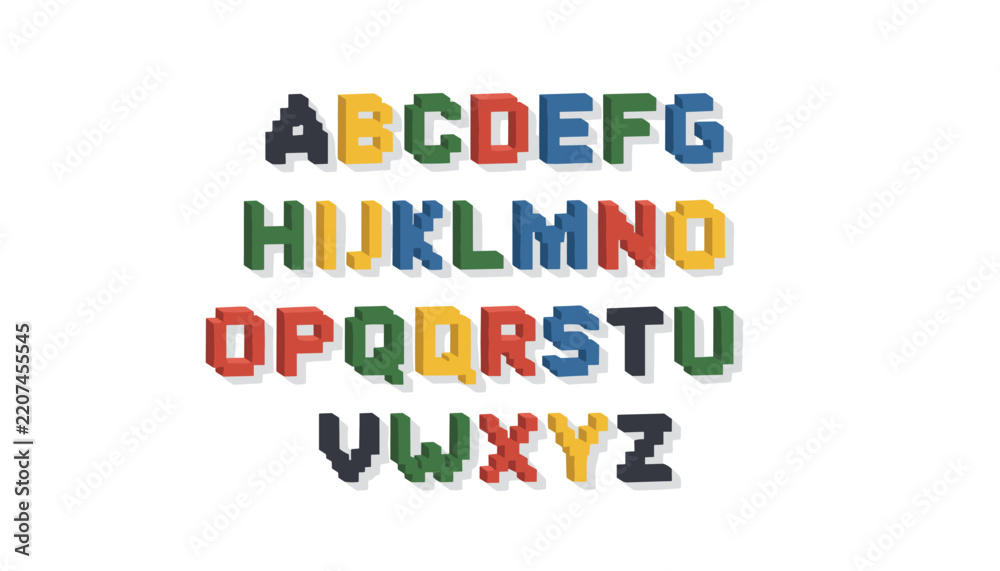 Obraz premium Full English alphabet set rendered in colorful three dimensional pixel block and lego brick style for kids.