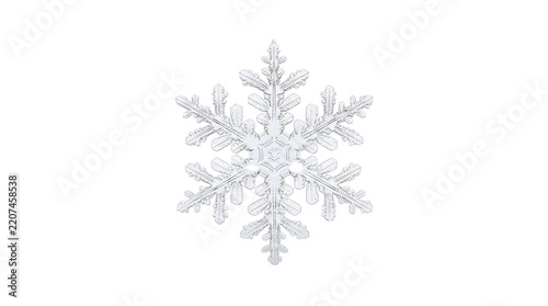 A single detailed crystalline snowflake on a plain white background, soft studio light, photorealistic, no text.