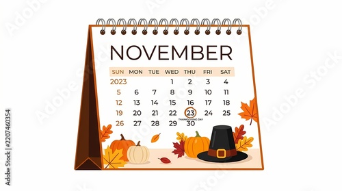 November 23 Thanksgiving Calendar Vector Illustration with Pilgrim Hat