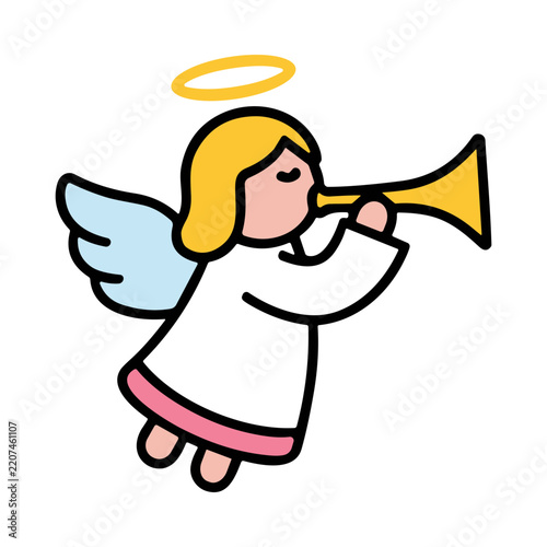 Cute Cartoon Angel Playing Trumpet with Wings and Halo
