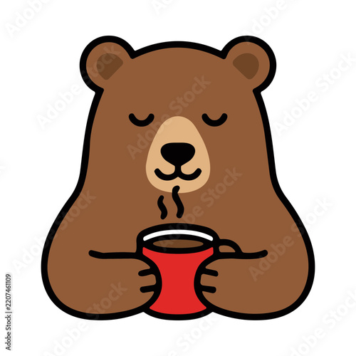 Cute Cartoon Bear Sipping Coffee from Red Mug in Relaxing Atmosphere
