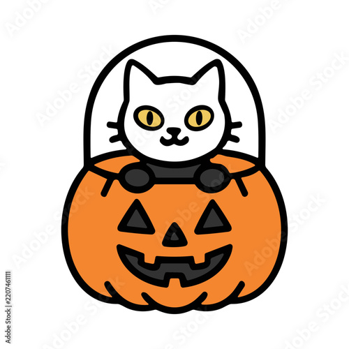 Cute Black Cat Sitting on a Halloween Pumpkin with Yellow Eyes