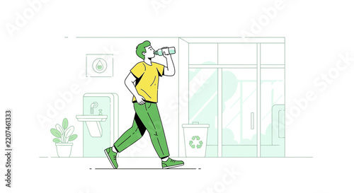 Man drinking water from bottle, walking past water cooler, office hallway