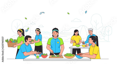 Healthy Cooking Outdoors: Diverse Group Prepares Fresh Food