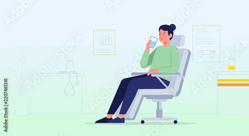 Woman sitting in doctor's chair, drinking water, transparent background