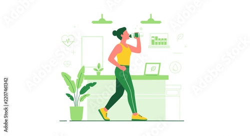 Woman drinking water while walking in a healthy lifestyle environment.