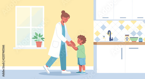 Doctor with child in kitchen, illustration, transparent background