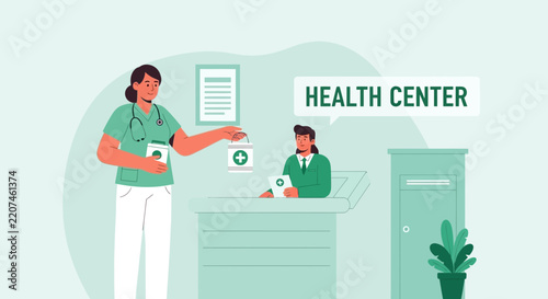 Nurse giving medical supplies at health center reception
