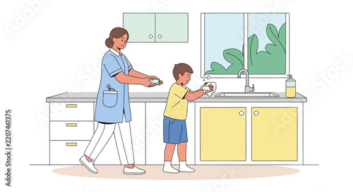 Caregiver Helping Child Wash Hands at Kitchen Sink