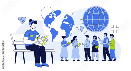 Global Health Care Queue: Doctor, Patients, World Map, Medical Icons