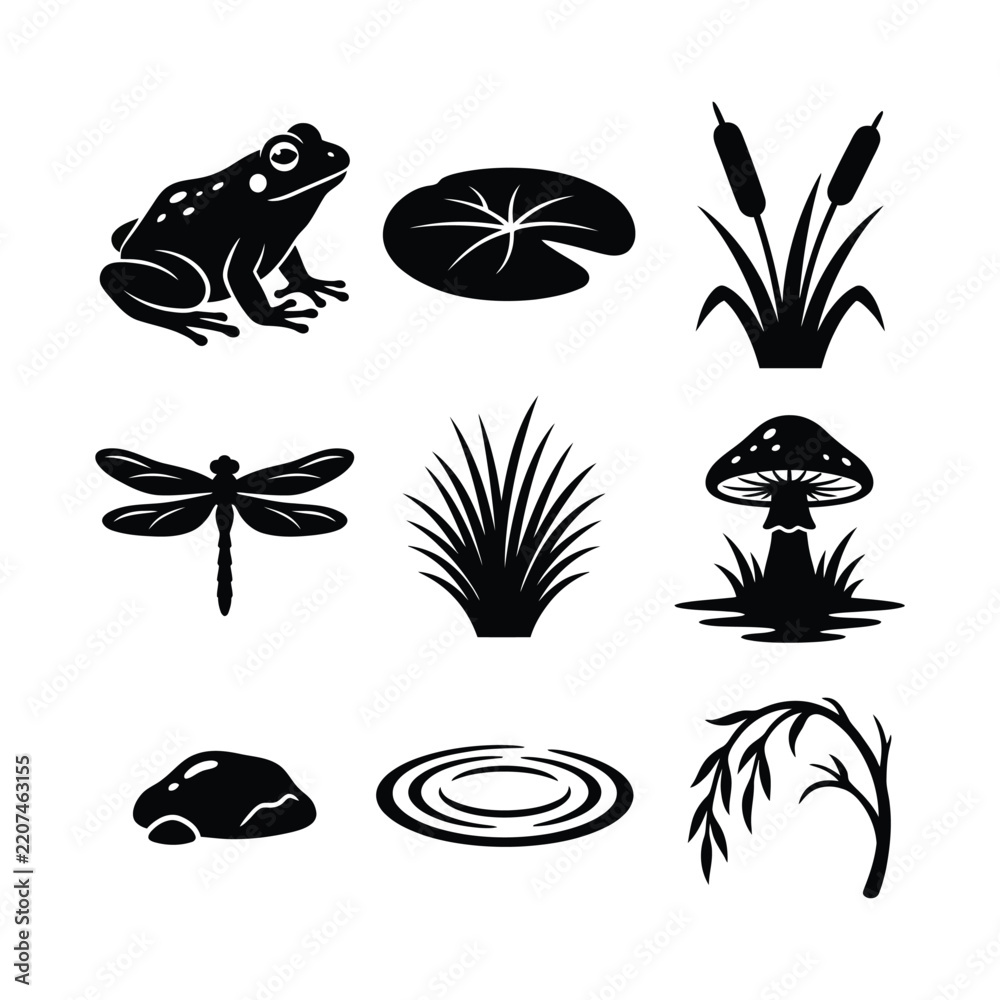 Obraz premium Set of black silhouette icons featuring various pond life and nature elements