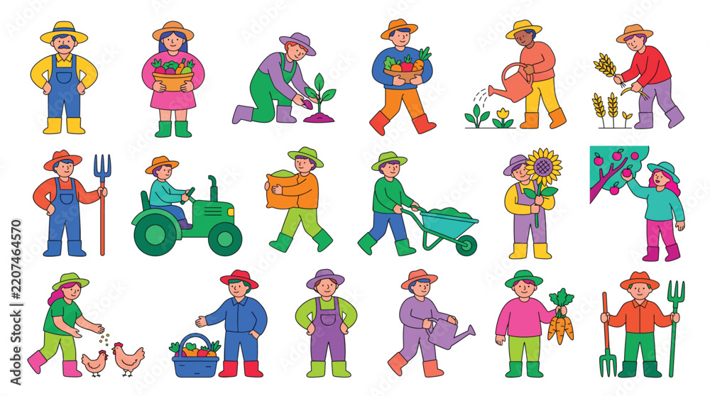 Obraz premium Collection of Farmers Engaged in Various Agricultural Activities and Farm Work.