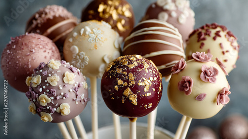 Assorted Cake Pops with Chocolate Coatings and Decorative Toppings