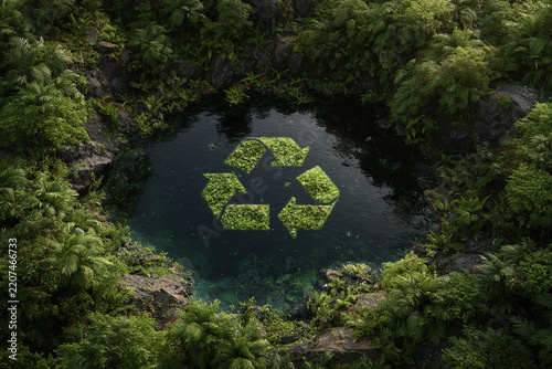 Recycling Symbol in a Lush Rainforest Representing Sustainability and Environmental Conservation