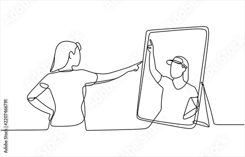 Continuous line drawing of a young woman looking at her own reflection in a mirror