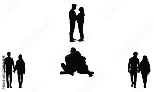 Black silhouette collection of couples in romantic poses showing love and affection isolated on white background for design work.