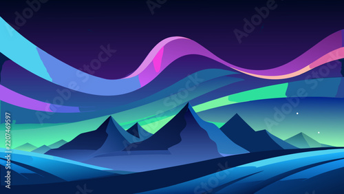Vibrant vector illustration of colorful northern lights undulating across a dark night sky over dark mountain peaks and snow-covered terrain in green, purple, and blue gradient tones.