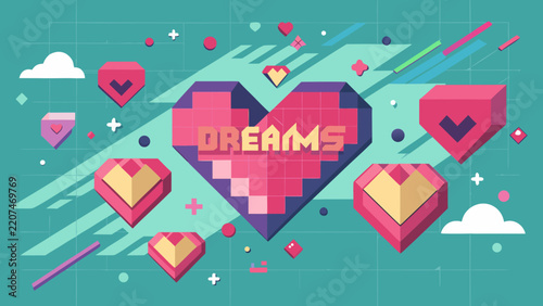 Pixel art graphic featuring a large central heart with the word DREAMS surrounded by floating pixelated heart icons, geometric shapes, clouds, and diagonal motion lines on a turquoise background