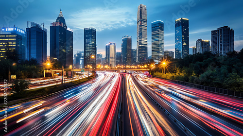 Modern city skyline and urban street with fast moving cars and light trails at night