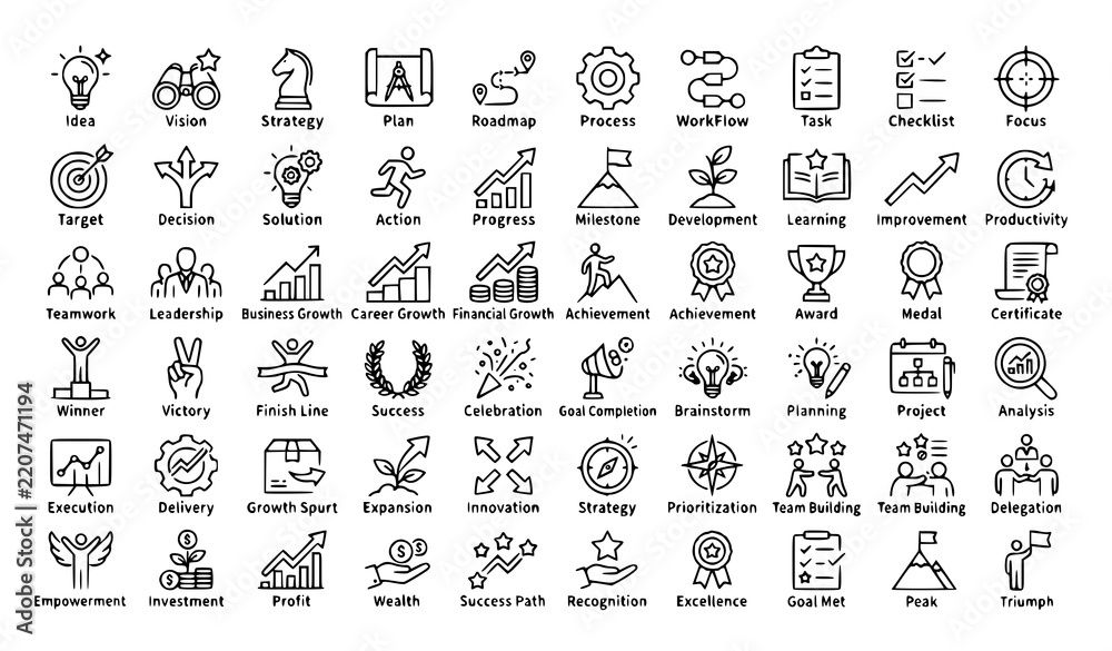 Obraz premium Success Growth Line Icon Set with Achievement, Strategy, Leadership, Teamwork, Career Progress, and Financial Profit Vector Illustrations