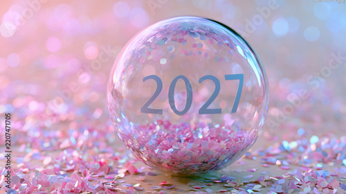 Happy New Year 2027, transparent Christmas ball and confetti on pastel colors bokeh background.