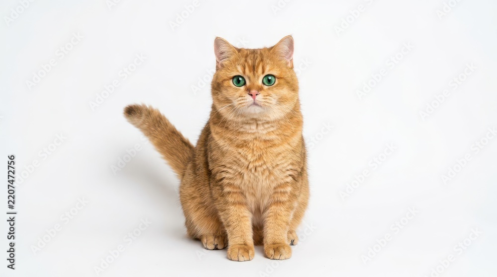 Fototapeta premium Adorable ginger cat with striking green eyes sits gracefully, posing perfectly against a white background, beautiful pet portrait.