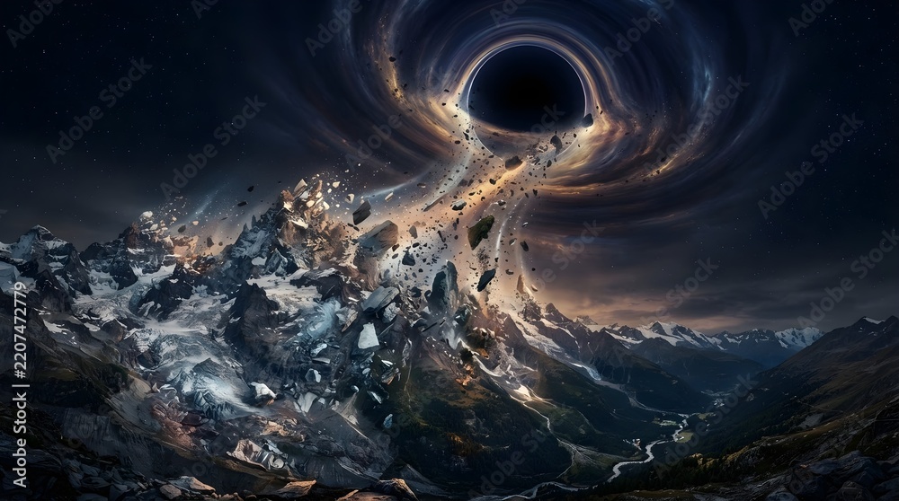 Fototapeta premium Massive black hole pulling mountain rocks and debris into cosmic singularity apocalyptic science fiction landscape art