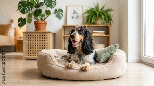 Cute cocker spaniel dog lying in pet bed at living room