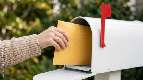 Closeup of a woman getting a letter from an outdoor mailbox