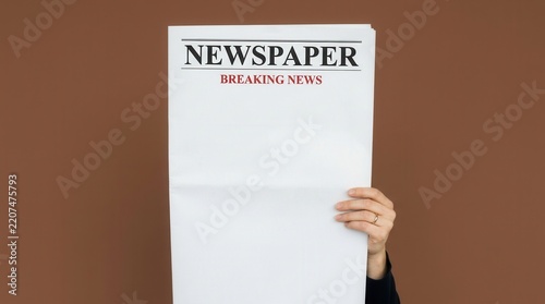 Woman holding a blank newspaper against a brown background