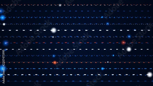 Abstract network of glowing particles and dashed lines moving through dark space, digital connections and data flow, futuristic technology concept