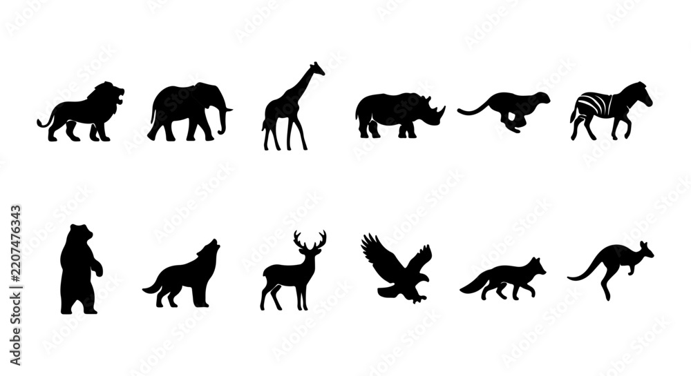 Fototapeta premium African Safari Wildlife Silhouettes, Zoo Animals Collection, Diverse Fauna Vector Icons