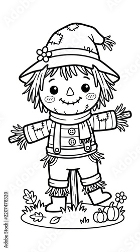 Friendly scarecrow character in pumpkin patch coloring page.